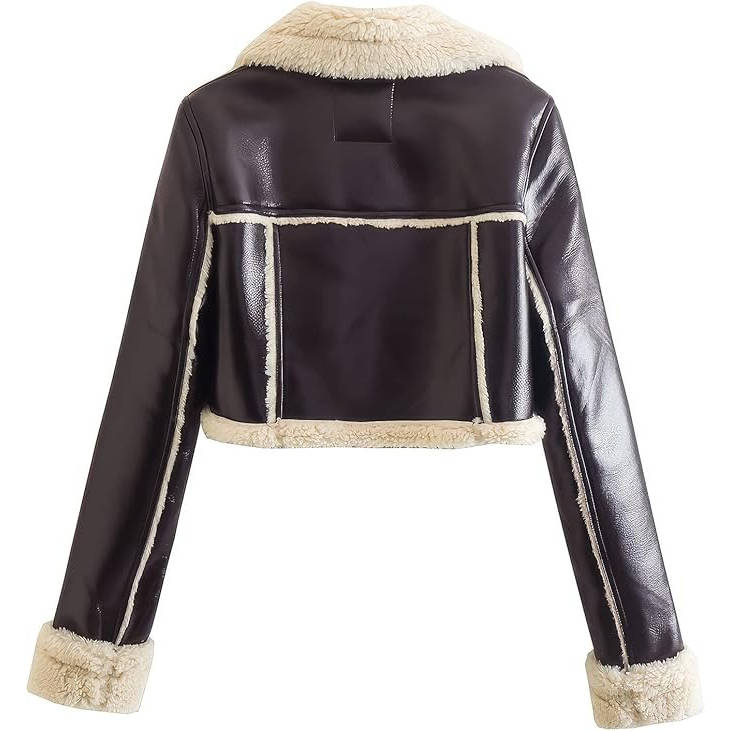 Women's Faux Leather Cropped Jacket with Shearling Lining