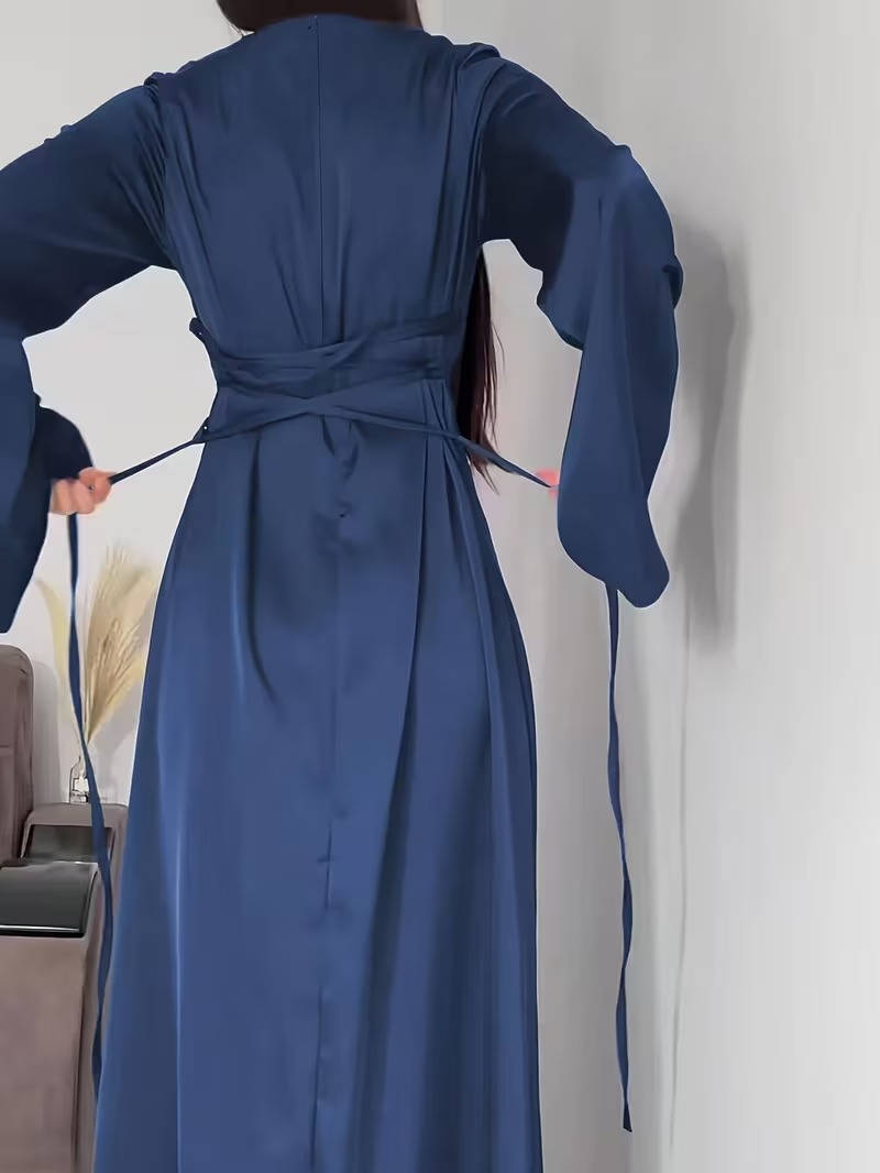Women's Satin Back Lace Up Maxi Dress with Round Neck and Long Sleeves