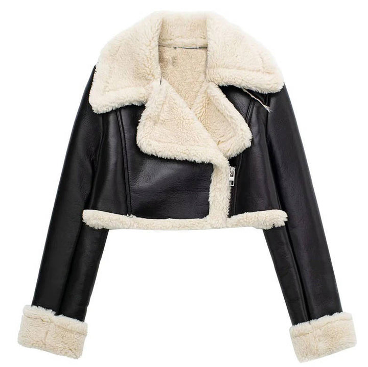 Women's Faux Leather Cropped Jacket with Shearling Lining
