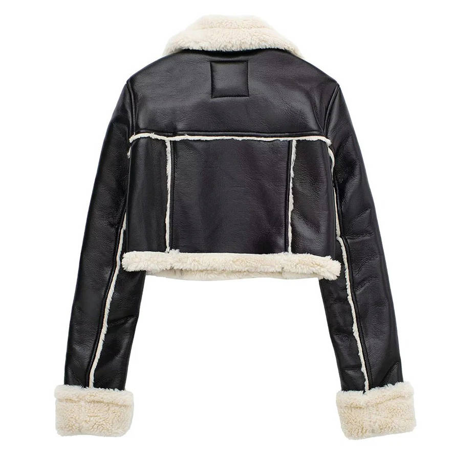 Women's Faux Leather Cropped Jacket with Shearling Lining