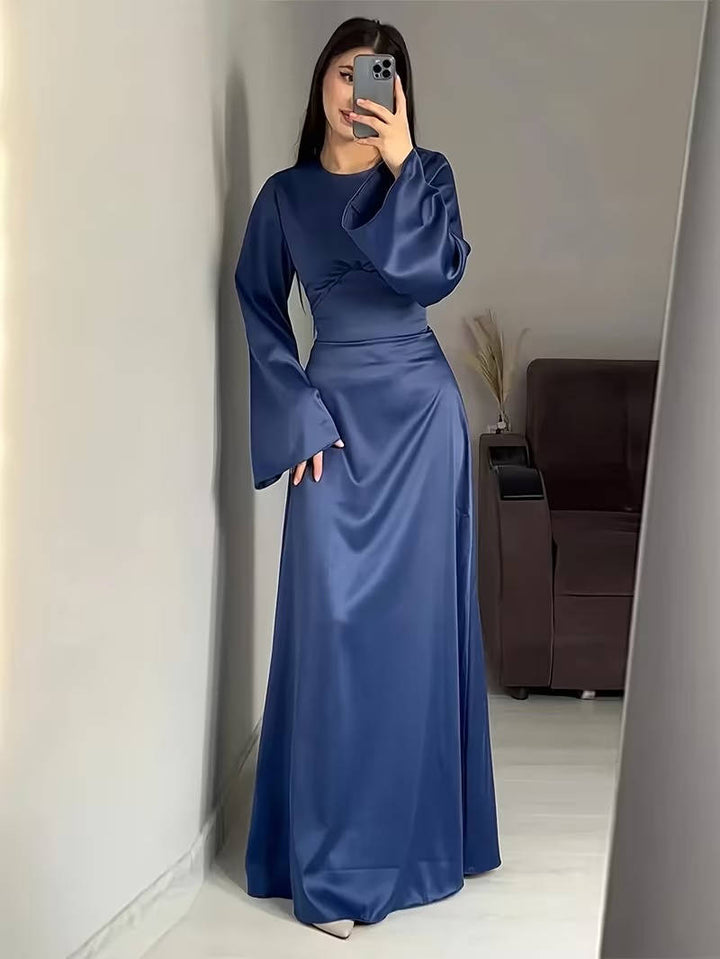 Women's Satin Back Lace Up Maxi Dress with Round Neck and Long Sleeves