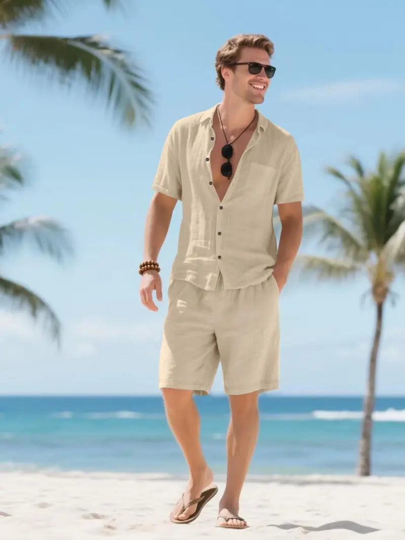 Men's Linen Short Sleeve Button-Up Shirt and Shorts Set for Summer