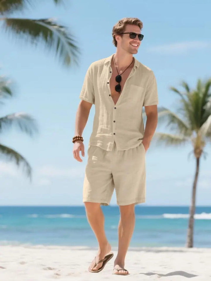 Men's Linen Short Sleeve Button-Up Shirt and Shorts Set for Summer