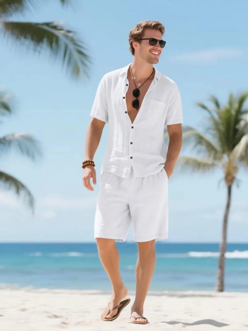 Men's Linen Short Sleeve Button-Up Shirt and Shorts Set for Summer