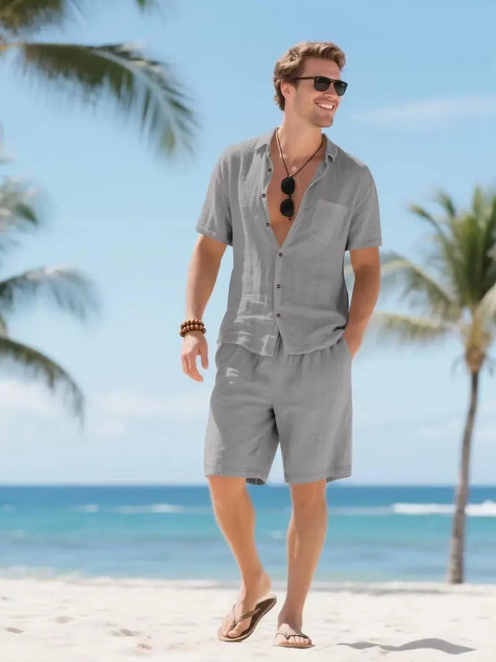 Men's Linen Short Sleeve Button-Up Shirt and Shorts Set for Summer
