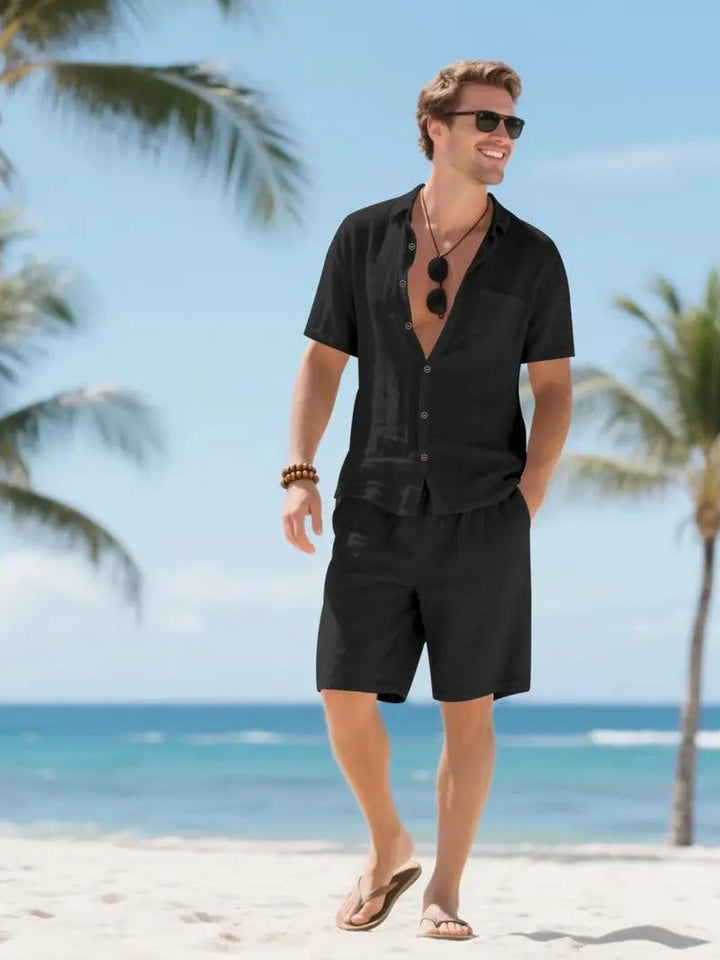 Men's Linen Short Sleeve Button-Up Shirt and Shorts Set for Summer