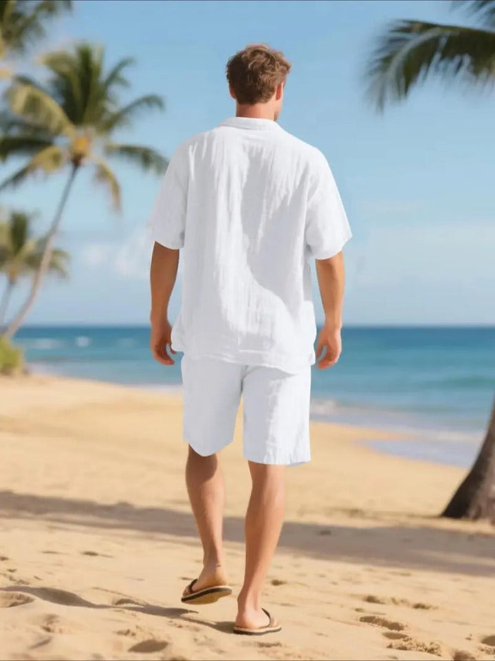 Men's Linen Short Sleeve Button-Up Shirt and Shorts Set for Summer