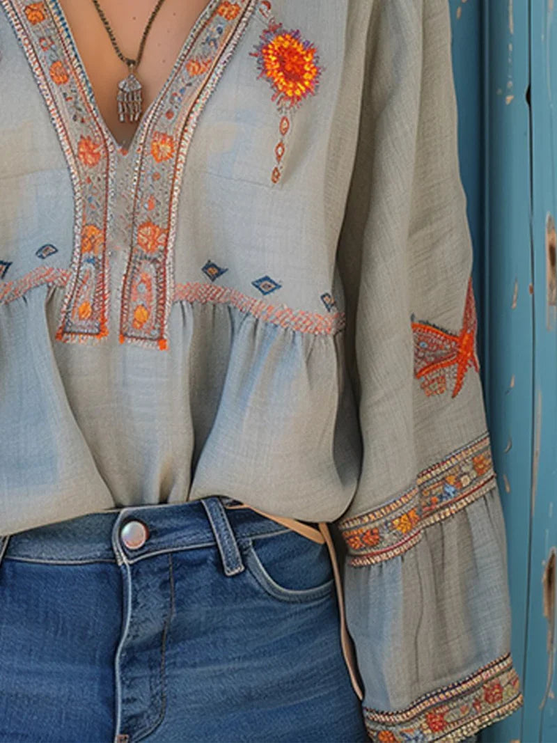 Women's Relaxed Fit Bohemian Embroidered Blouse with Tunisian Neckline