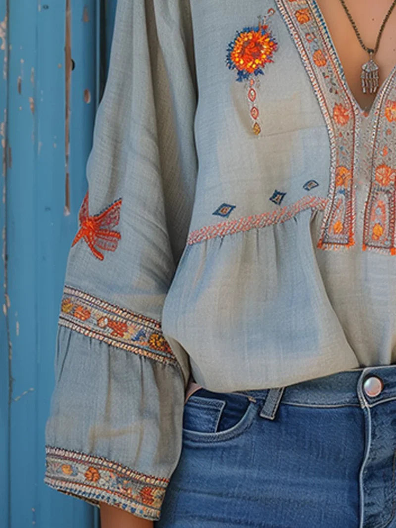 Women's Relaxed Fit Bohemian Embroidered Blouse with Tunisian Neckline