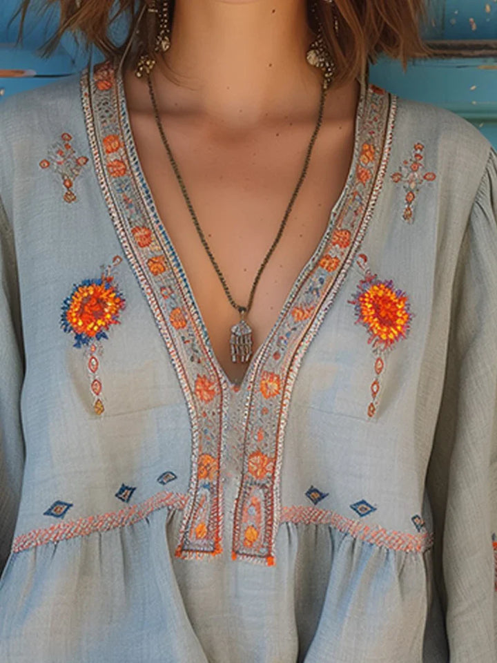 Women's Relaxed Fit Bohemian Embroidered Blouse with Tunisian Neckline