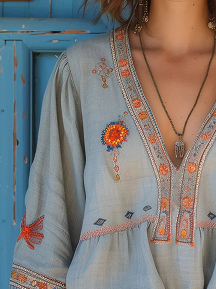 Women's Relaxed Fit Bohemian Embroidered Blouse with Tunisian Neckline