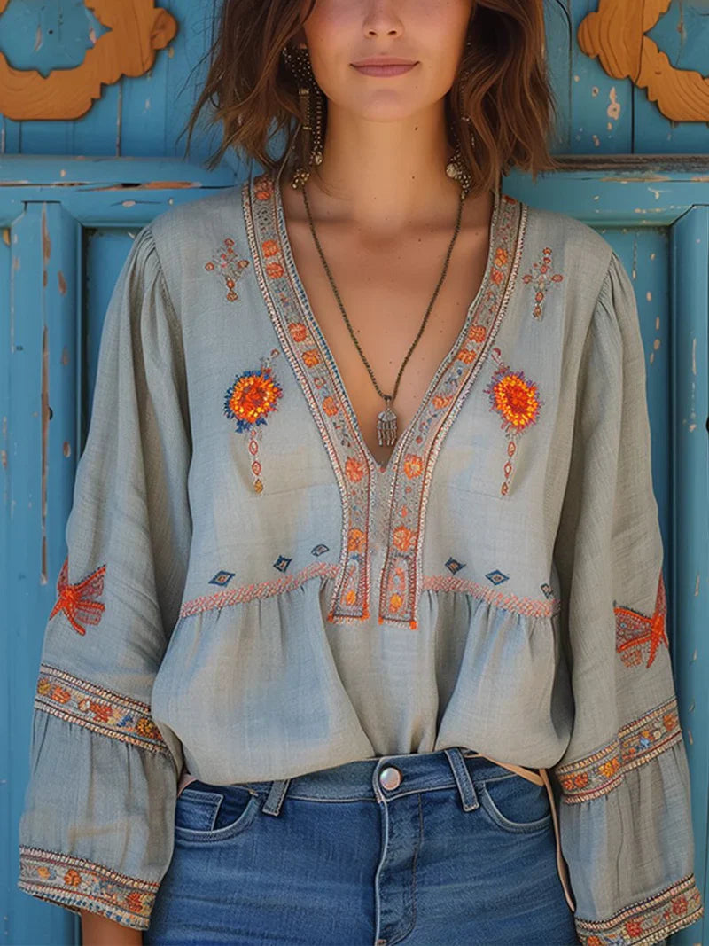 Women's Relaxed Fit Bohemian Embroidered Blouse with Tunisian Neckline
