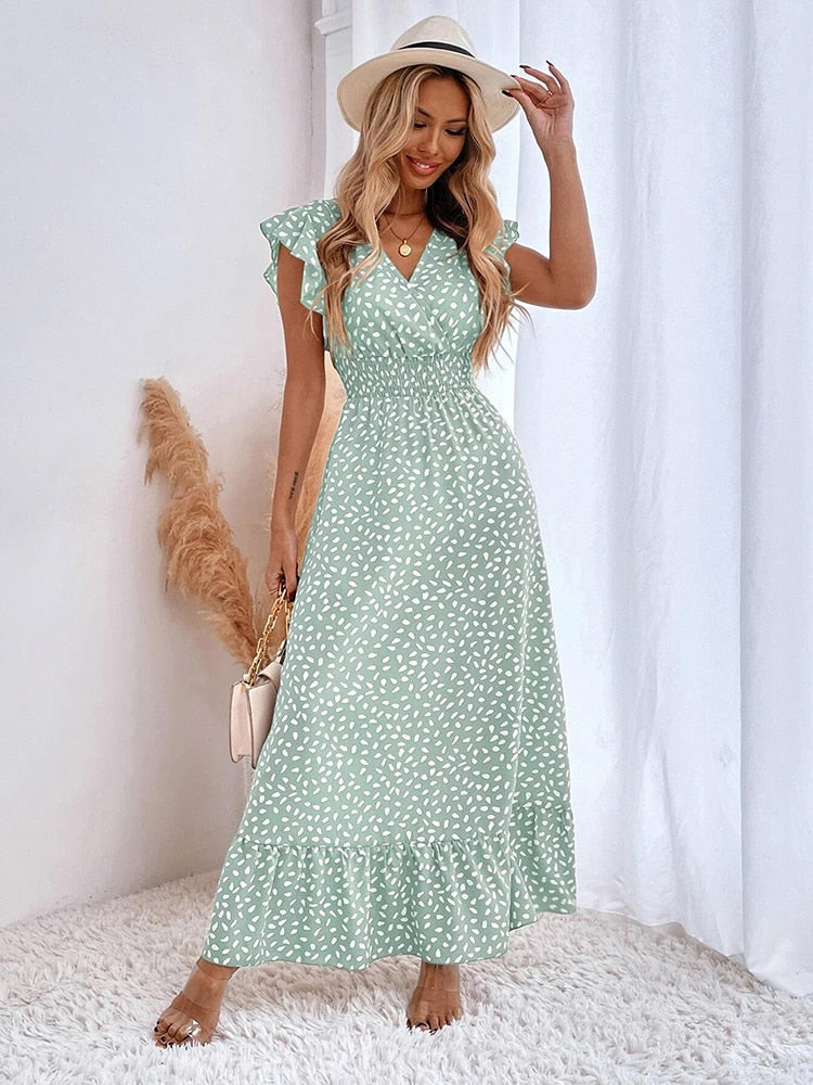 Lana | Women's V-Neck Ruffle Sleeve Long Dress