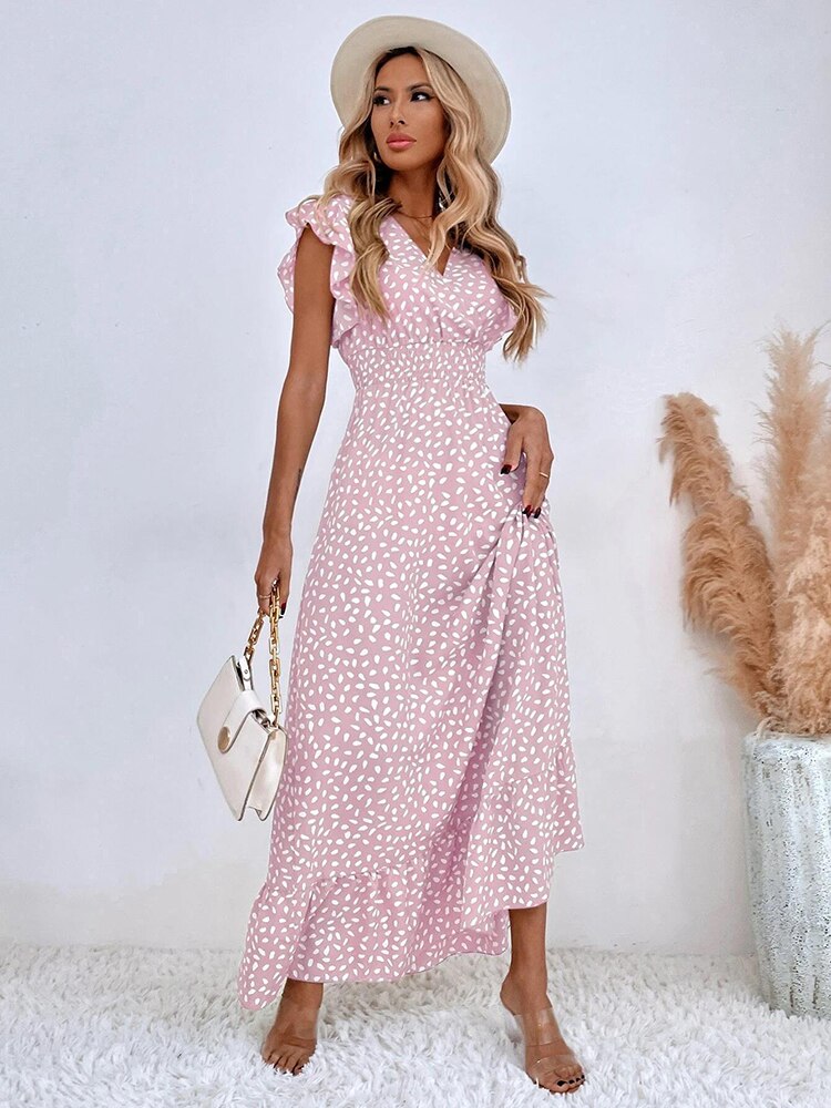 Lana | Women's V-Neck Ruffle Sleeve Long Dress