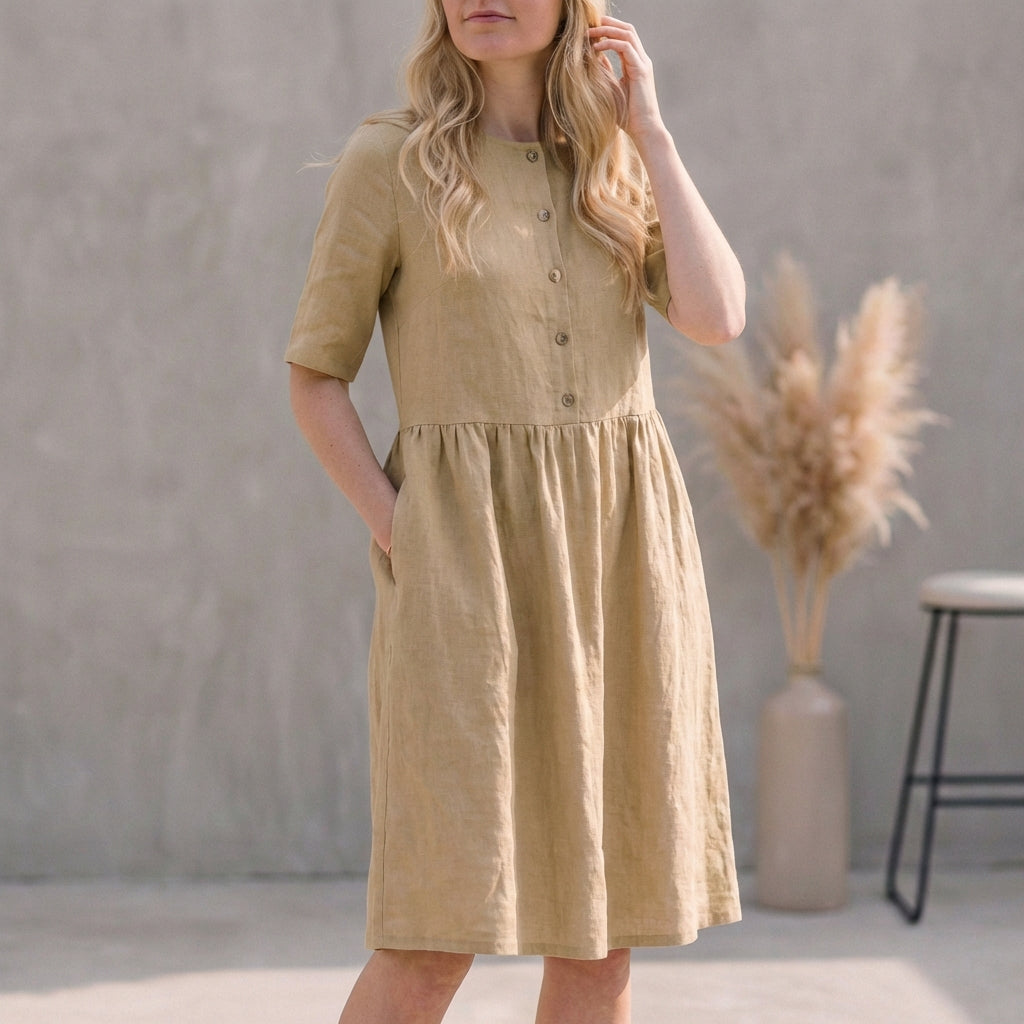 Leah | Women's A-Line Midi Dress with Button Front