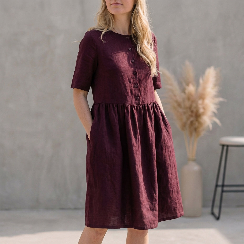 Leah | Women's A-Line Midi Dress with Button Front
