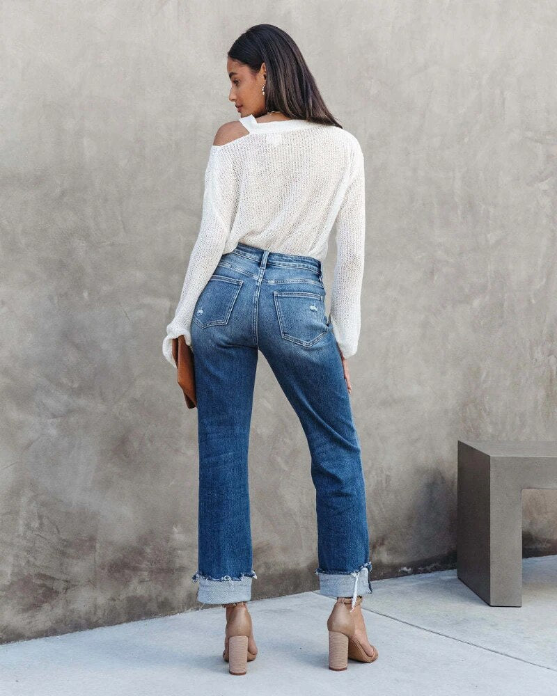 Lena | Women's High-Waisted Cuffed Denim Pants