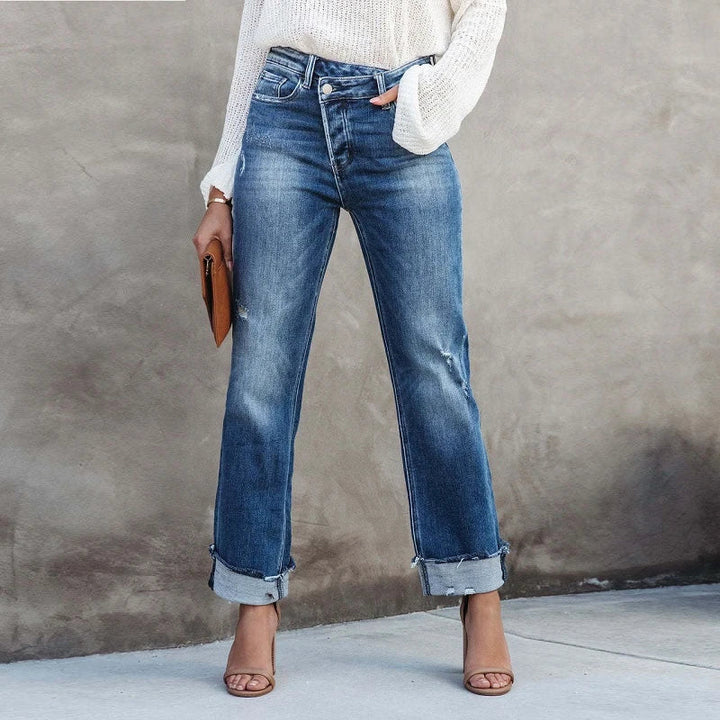 Lena | Women's High-Waisted Cuffed Denim Pants