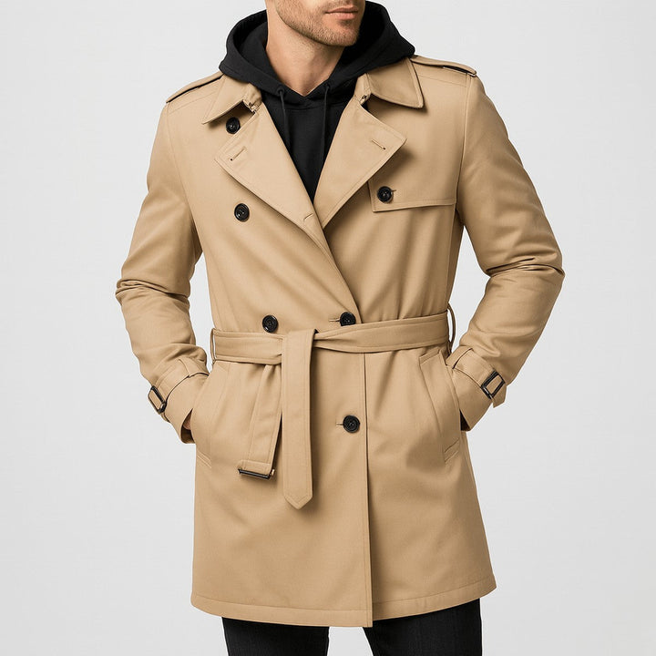 Men's Double Breasted Overcoat with Waist Tie Belt and Classic Lapels