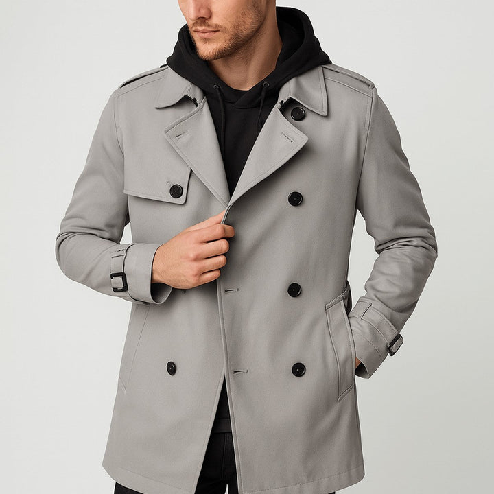 Men's Double Breasted Overcoat with Waist Tie Belt and Classic Lapels
