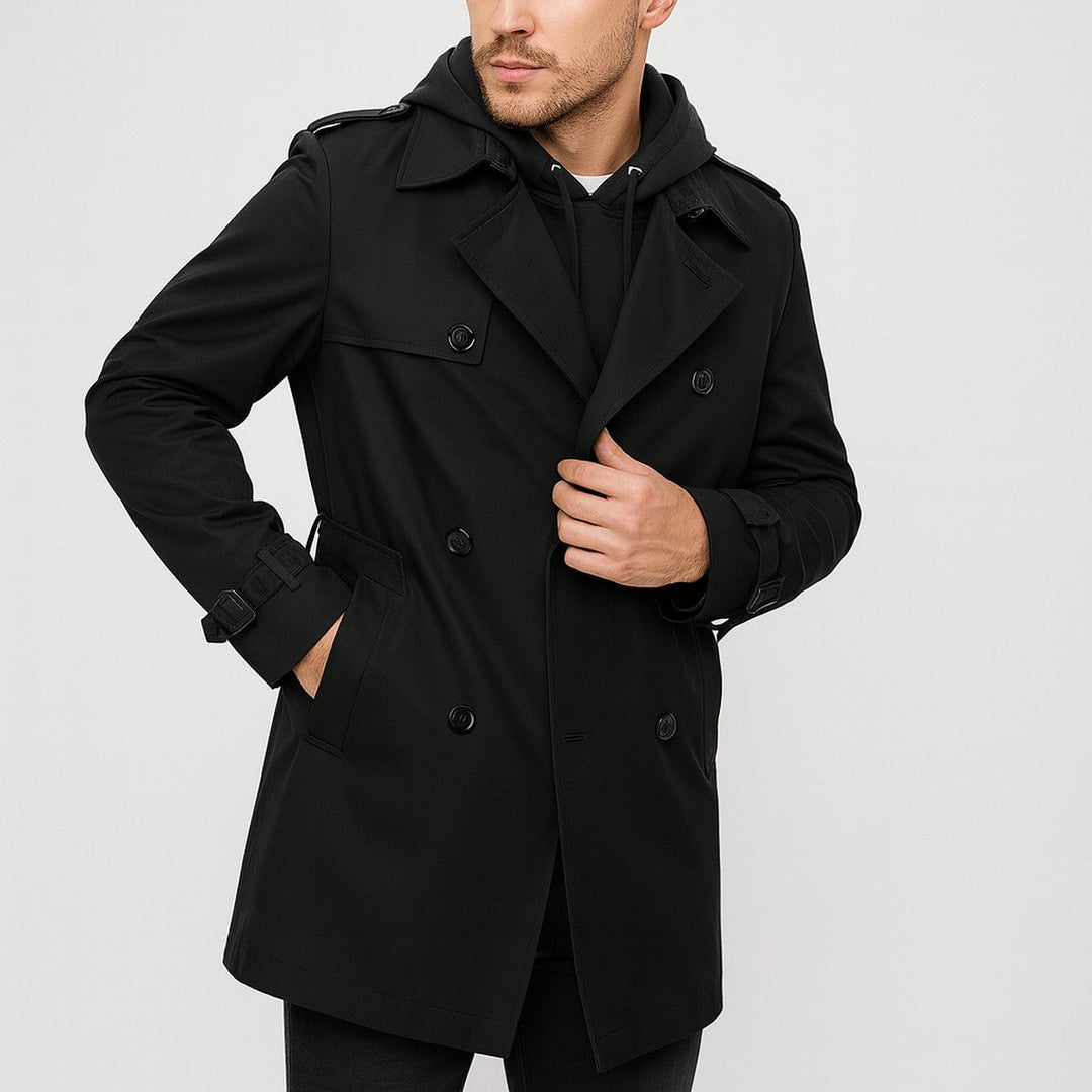 Men's Double Breasted Overcoat with Waist Tie Belt and Classic Lapels