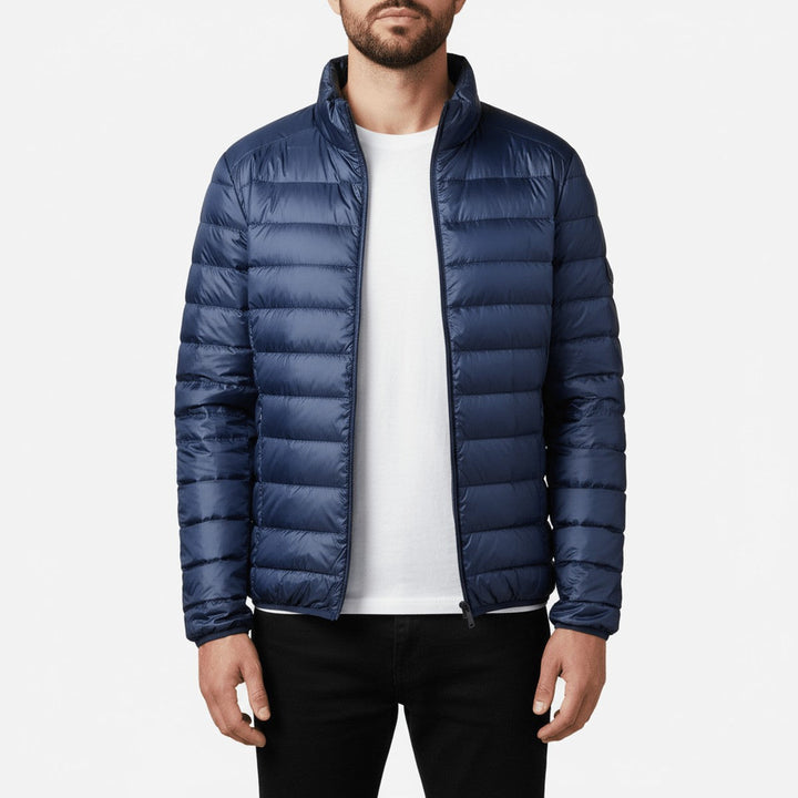 Men's Lightweight Quilted Puffer Jacket with Stand Collar and Zipper
