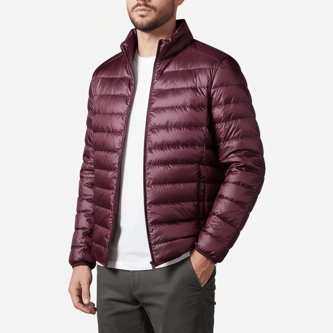 Men's Lightweight Quilted Puffer Jacket with Stand Collar and Zipper