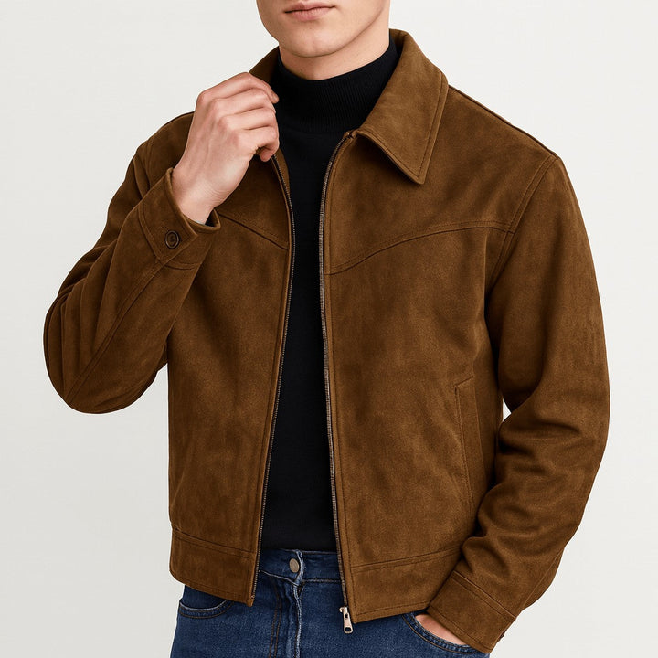 Men's Classic Suede Zip-Up Bomber Jacket with Elastic Hem