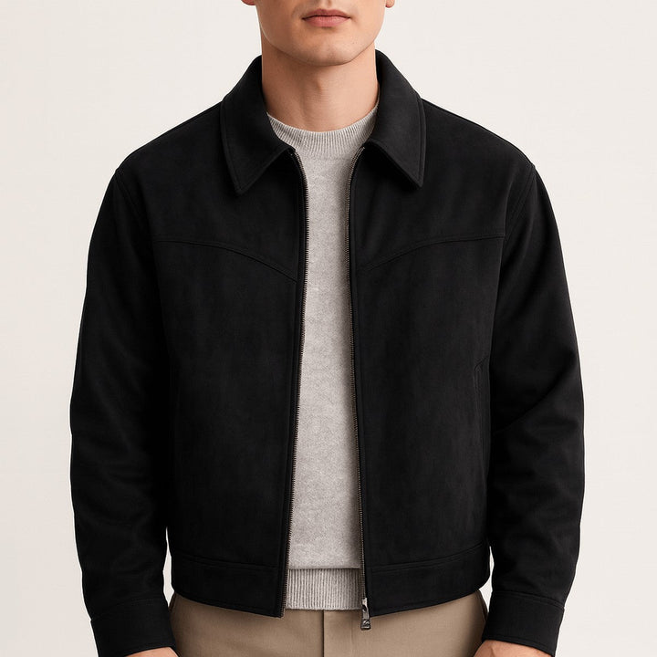 Men's Classic Suede Zip-Up Bomber Jacket with Elastic Hem
