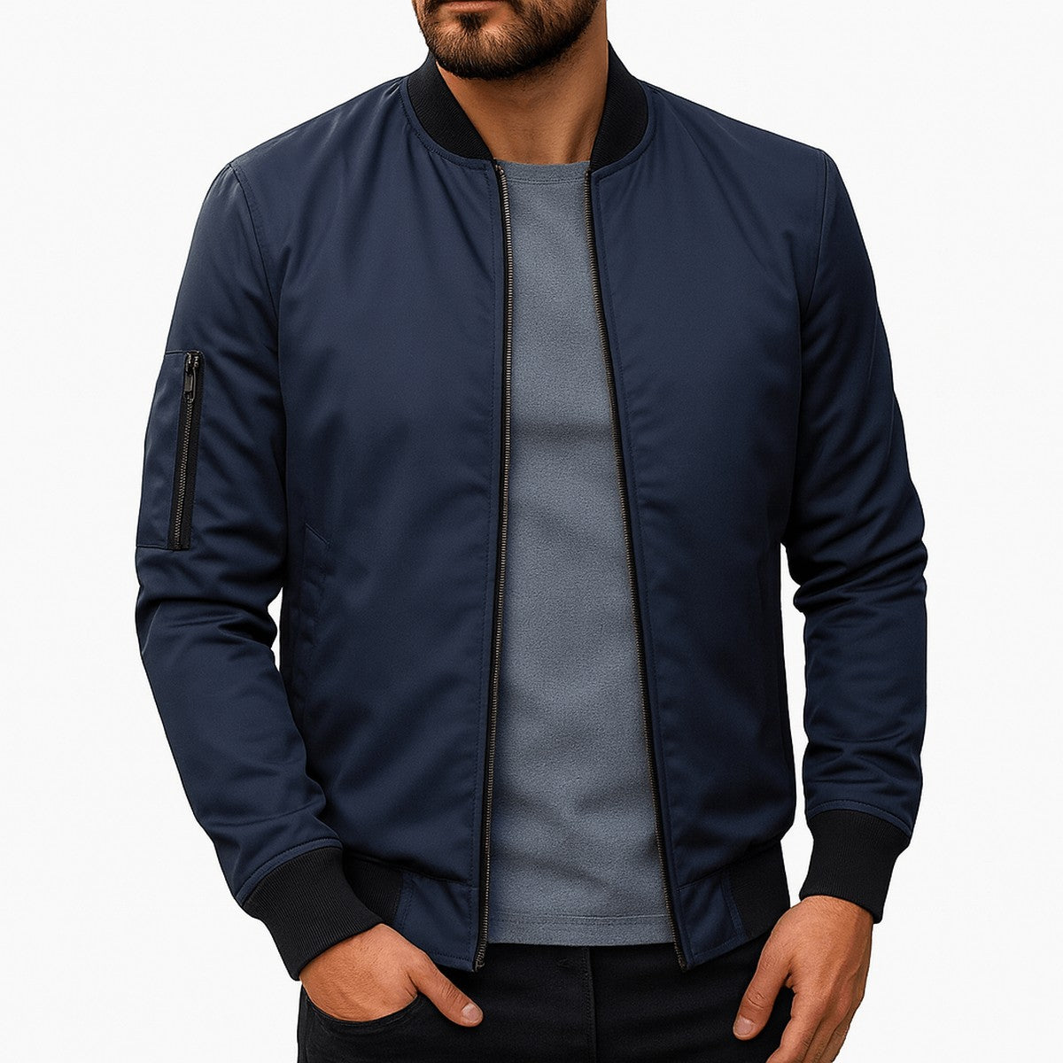 Chaqueta bomber clásica para hombre con ribetes acanalados y bolsillos con cremallera