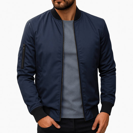 Men's Classic Bomber Jacket with Ribbed Trim and Zip Pockets