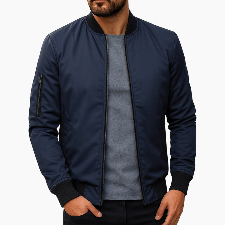Men's Classic Zip Front Bomber Jacket with Ribbed Collar & Pockets