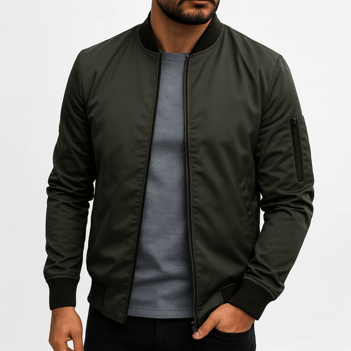 Men's Classic Zip Front Bomber Jacket with Ribbed Collar & Pockets