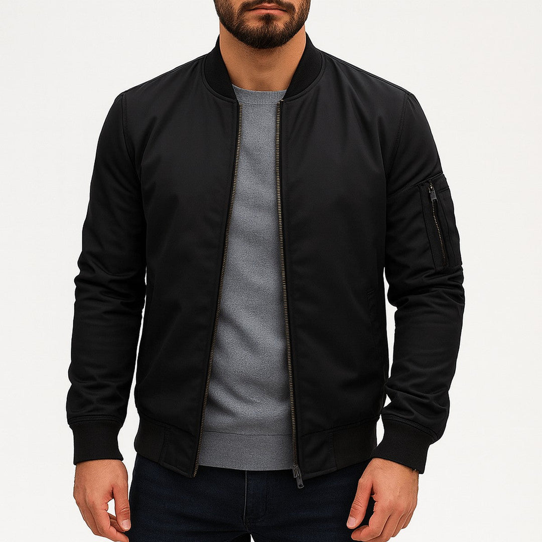 Men's Classic Zip Front Bomber Jacket with Ribbed Collar & Pockets