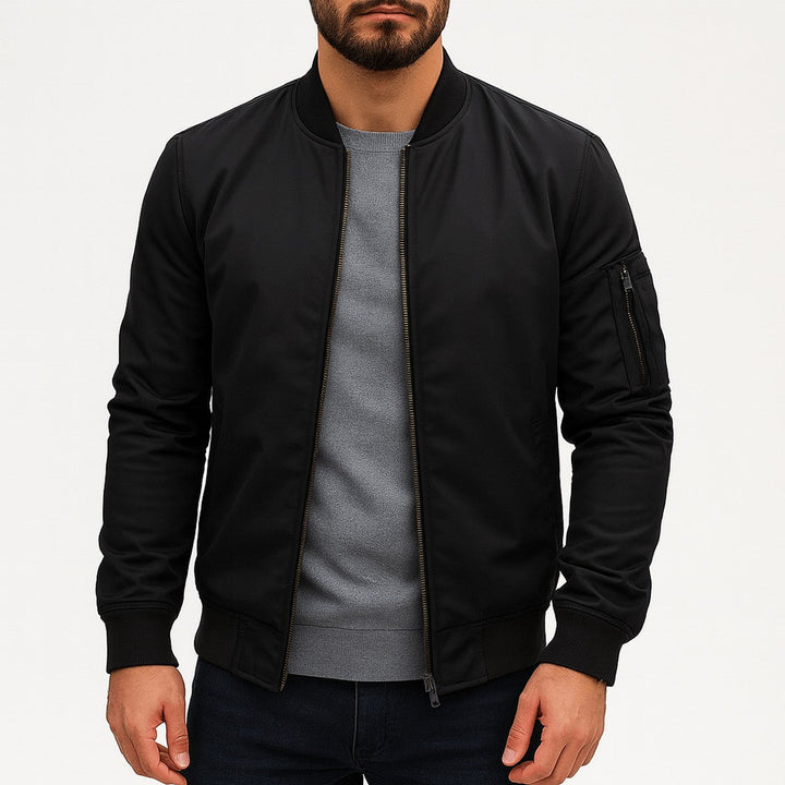 Men's Classic Zip Front Bomber Jacket with Ribbed Collar & Pockets