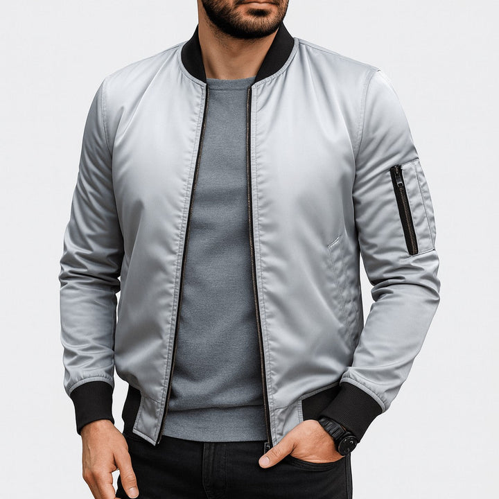 Men's Classic Zip Front Bomber Jacket with Ribbed Collar & Pockets