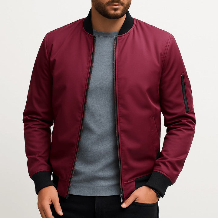 Men's Classic Zip Front Bomber Jacket with Ribbed Collar & Pockets