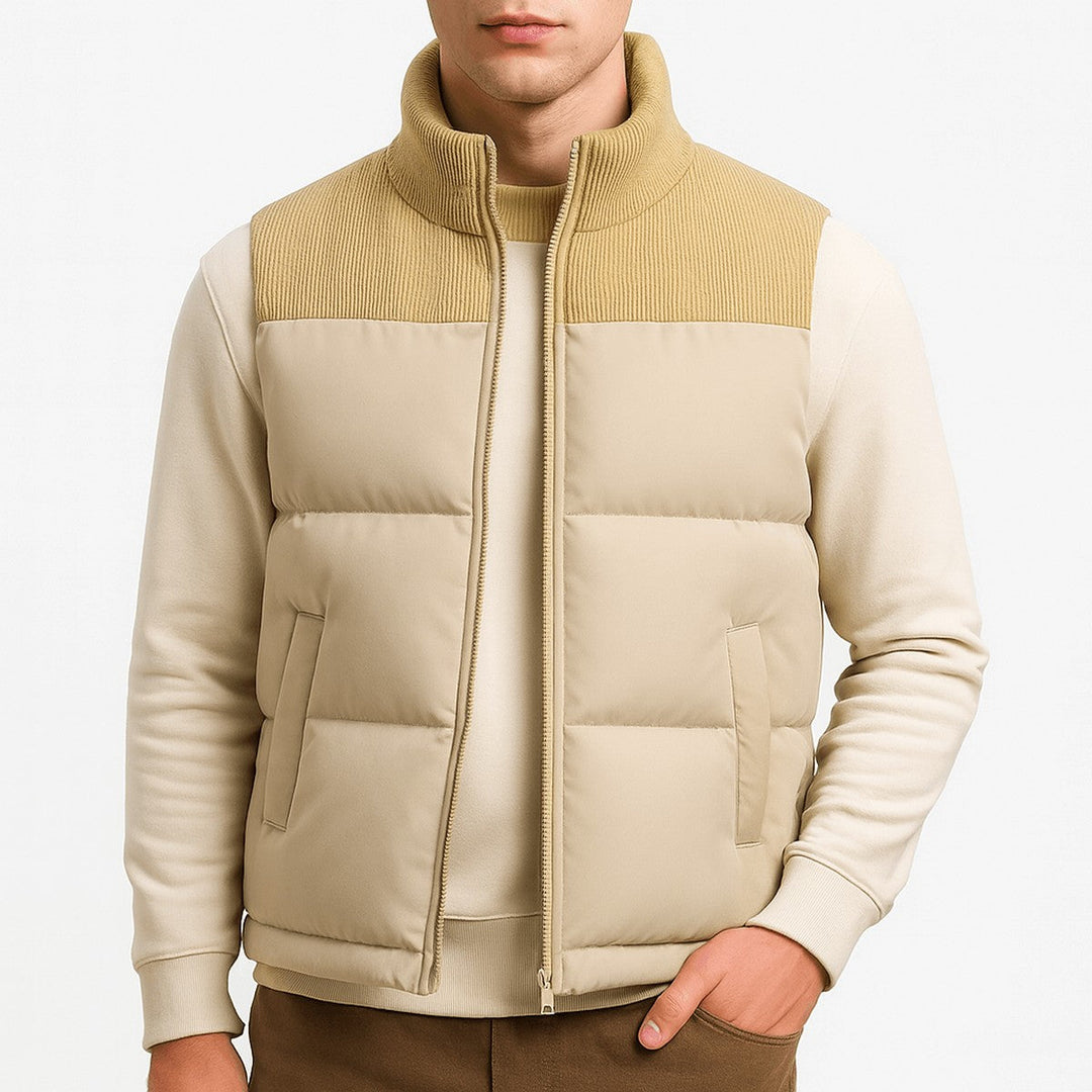 Men's Sleeveless Quilted Puffer Vest with High Neck and Zipper Closure