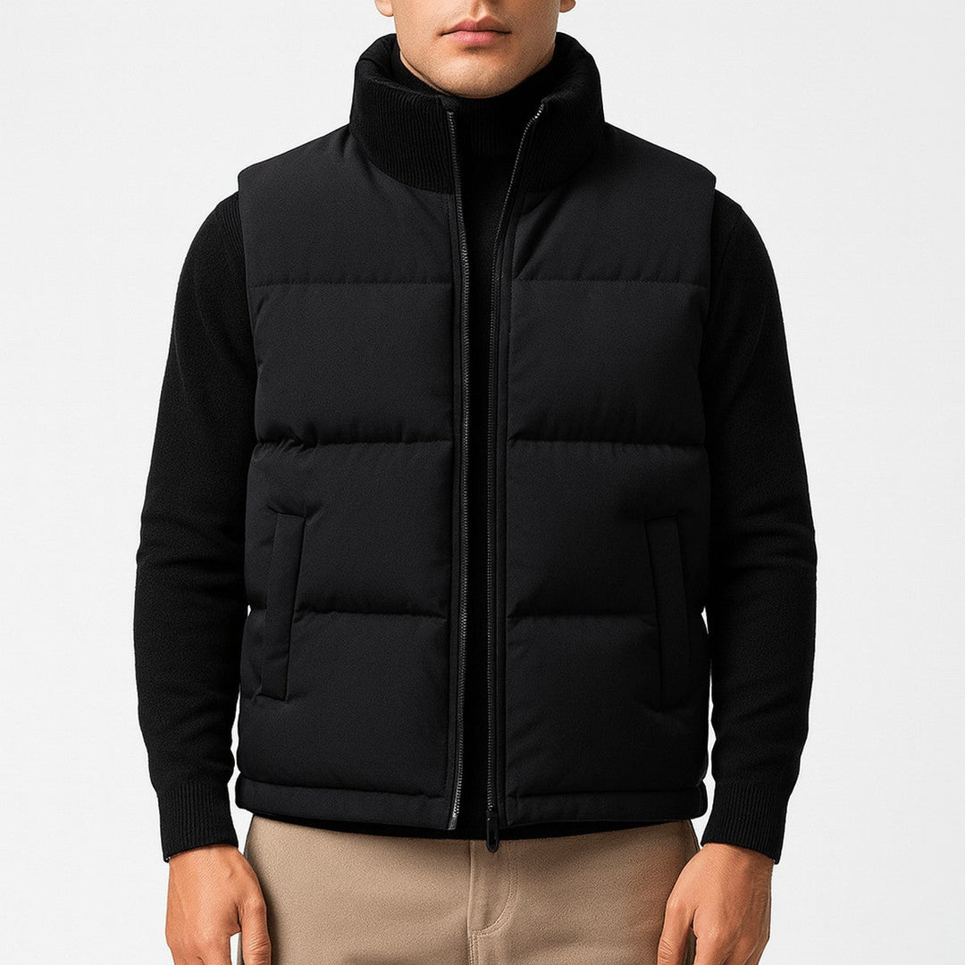 Men's Sleeveless Quilted Puffer Vest with High Neck and Zipper Closure