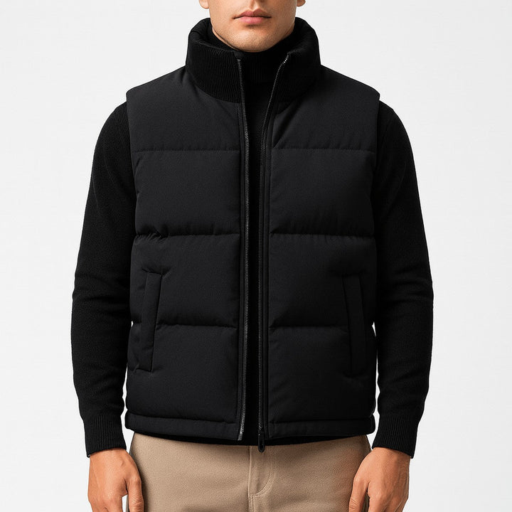 Men's Sleeveless Quilted Puffer Vest with High Neck and Zipper Closure