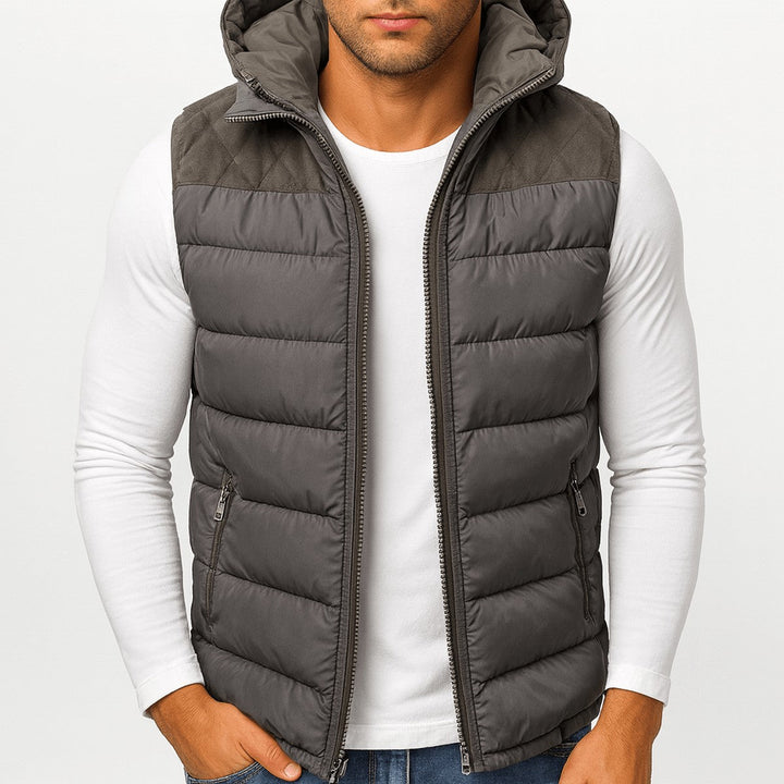 Men's Sleeveless Puffer Vest with Removable Hood and Zipper Pockets