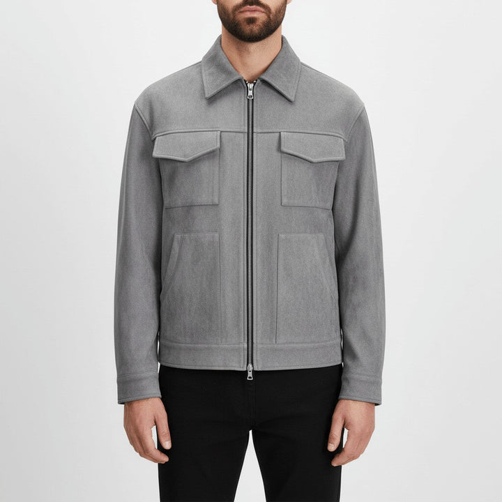 Men's Loose Fit Faux Suede Bomber Jacket with Zipper and Pockets