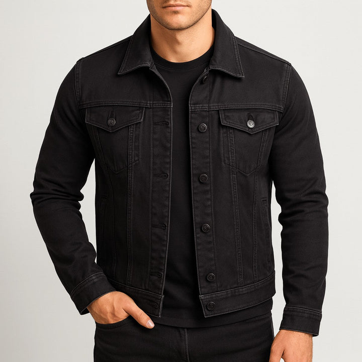 Men's Classic Denim Jacket with Flap Pockets and Long Sleeves