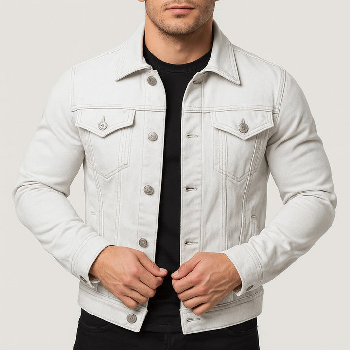 Men's Classic Denim Jacket with Flap Pockets and Long Sleeves