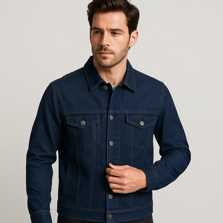 Men's Classic Denim Jacket with Flap Pockets and Long Sleeves