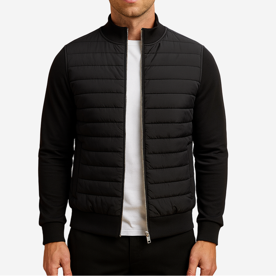Men's Diamond Quilted Zip Up Bomber Jacket with Ribbed Details