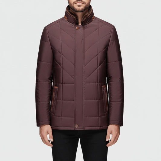 Men's Quilted Puffer Jacket with Fur-Lined Collar and Stitching