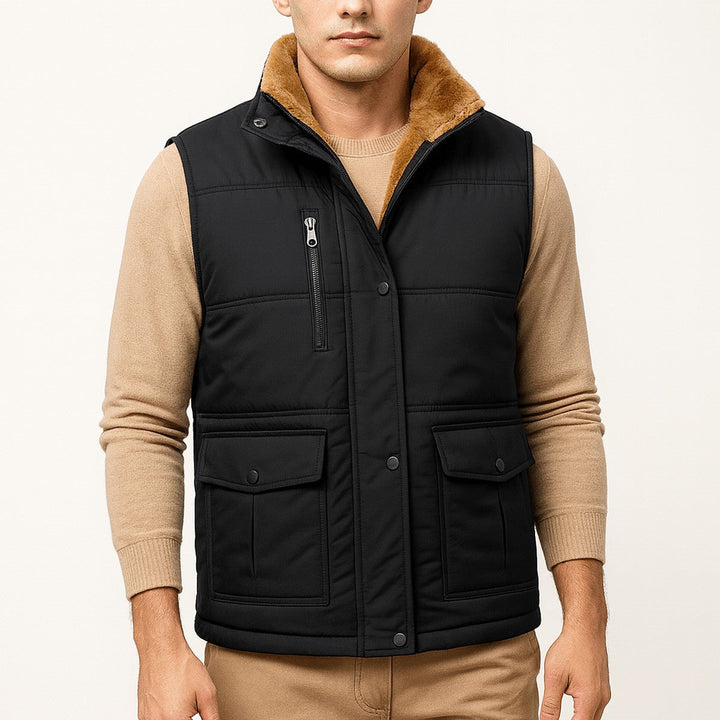 Men's Fleece Lined Puffer Vest with Zipper Pockets and Stand Collar