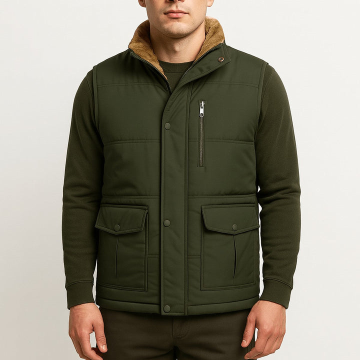 Men's Fleece Lined Puffer Vest with Zipper Pockets and Stand Collar