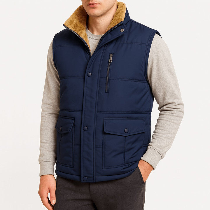 Men's Fleece Lined Puffer Vest with Zipper Pockets and Stand Collar